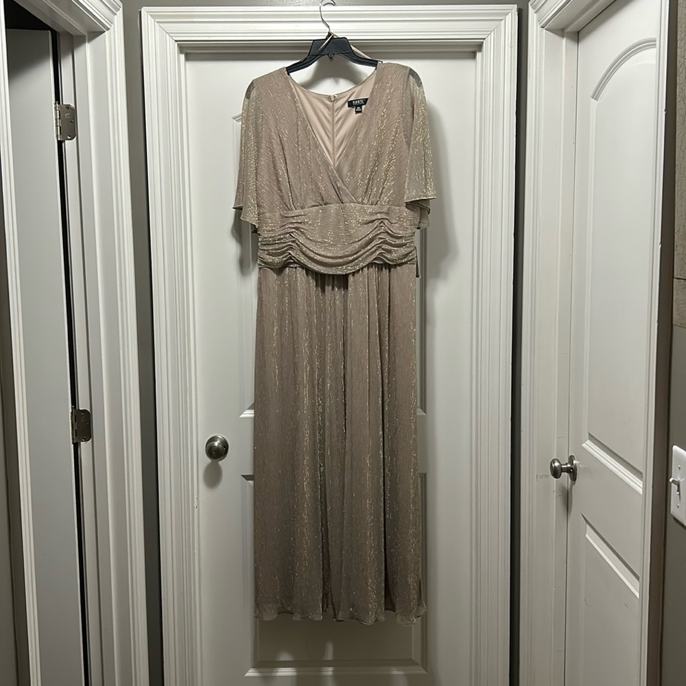 Beige shimmery size 18 long formal dress. Possible mother of the bride dress.